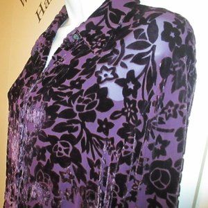 NY & CO Women’s SZ L PURPLE SHEER EMBROIDERED VELVET BUTTON UP BLOUSE TOP